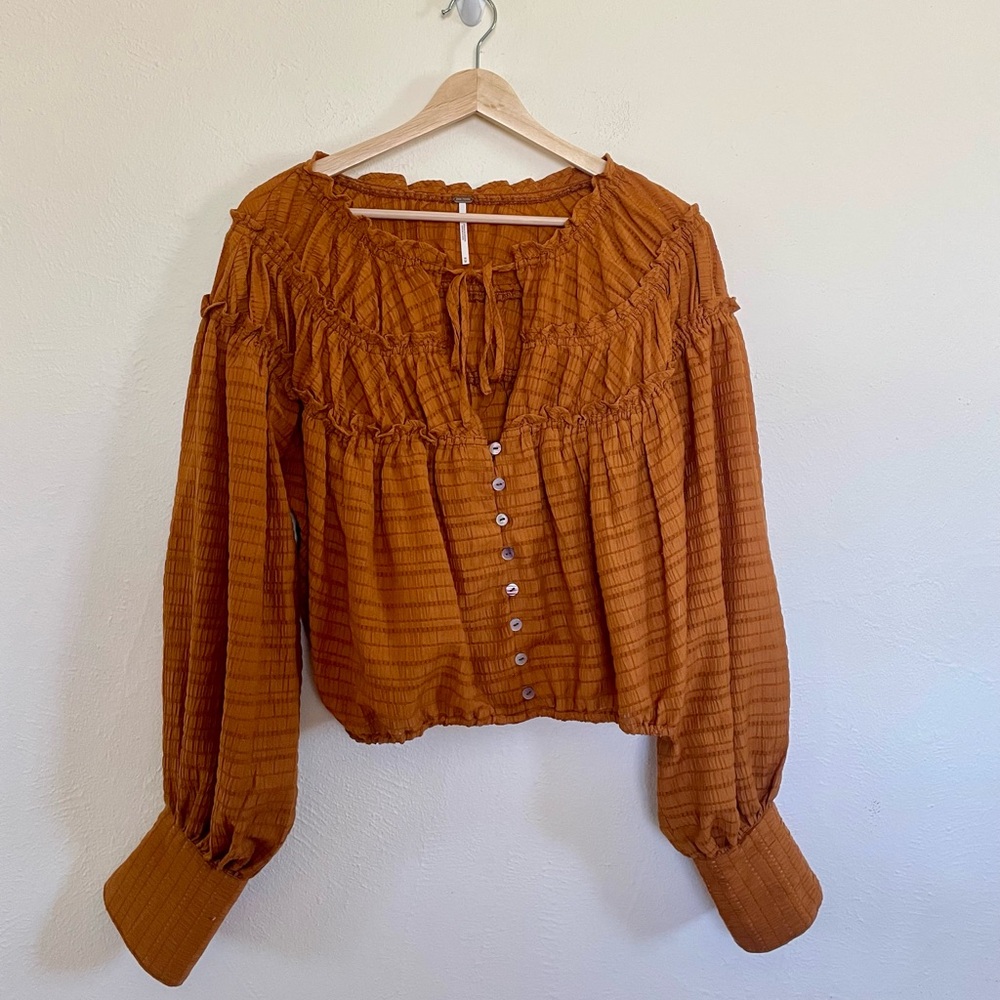 Free People Rust Button-Front Smocked Peasant Blouse